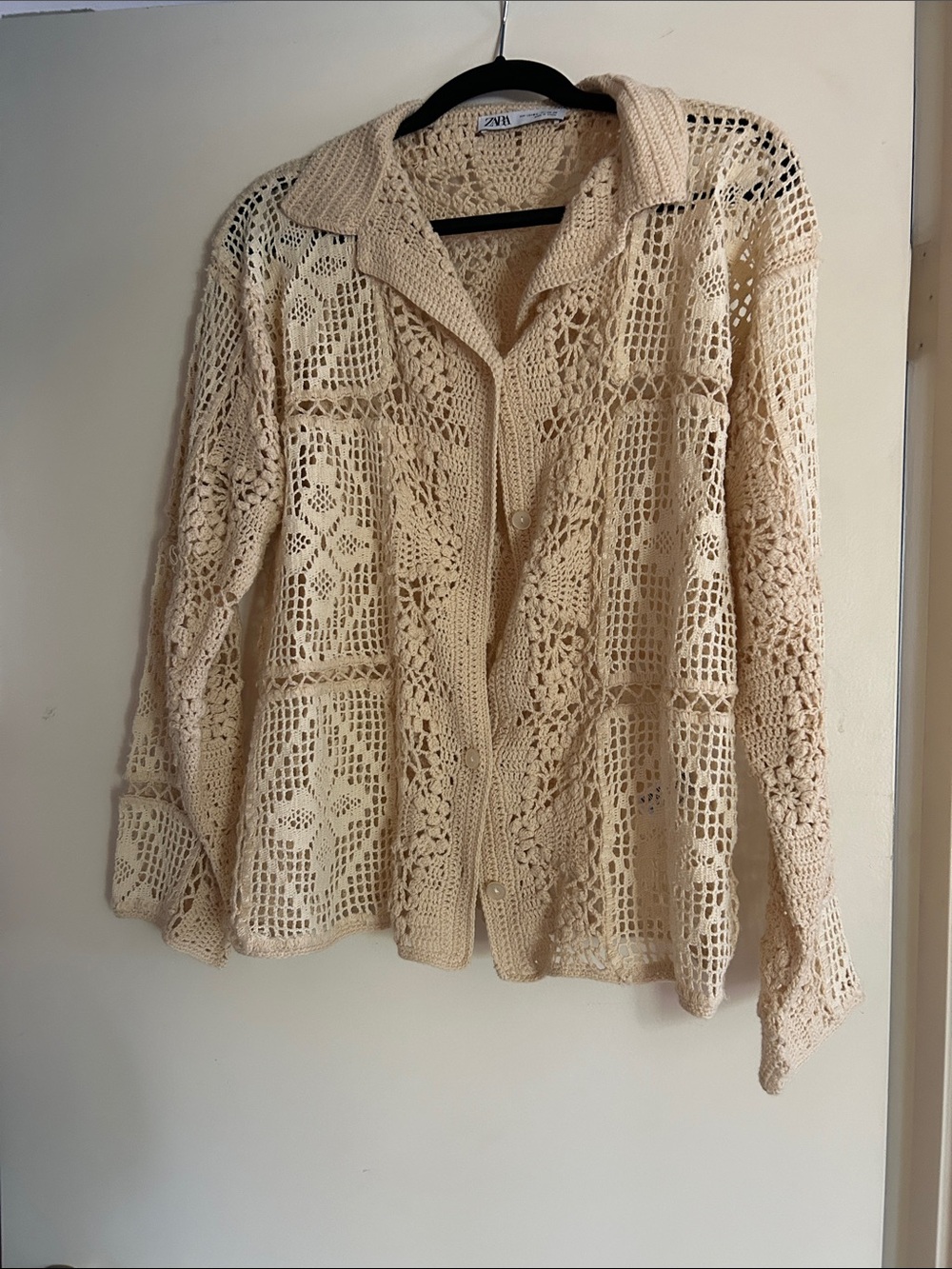 Zara Cream Crochet Open-Knit Button-Down Shirt